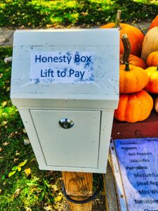 Metal honesty box with top lid and side keyed entrance, on post near produce table
